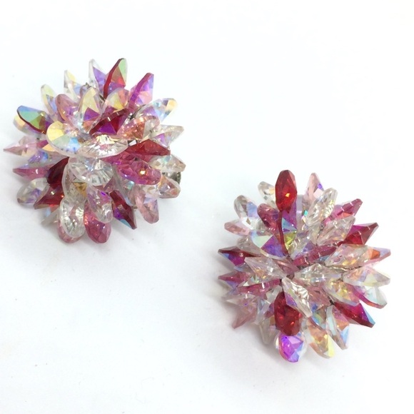 VINTAGE VENDOME SILVER TONE RED CLEAR AB CRYSTAL STARBUST CLIPON EARRINGS - Picture 1 of 14
